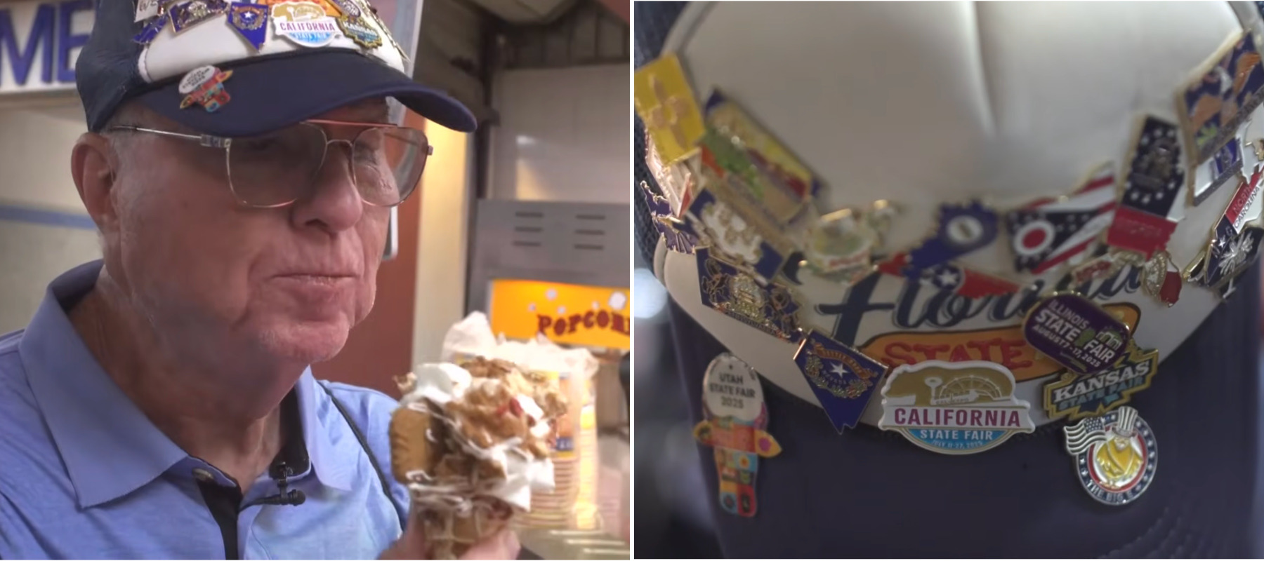 Side-by-side images of man eating a treat at the Texas State fair and a close up of his hat with pins from all the state fairs.