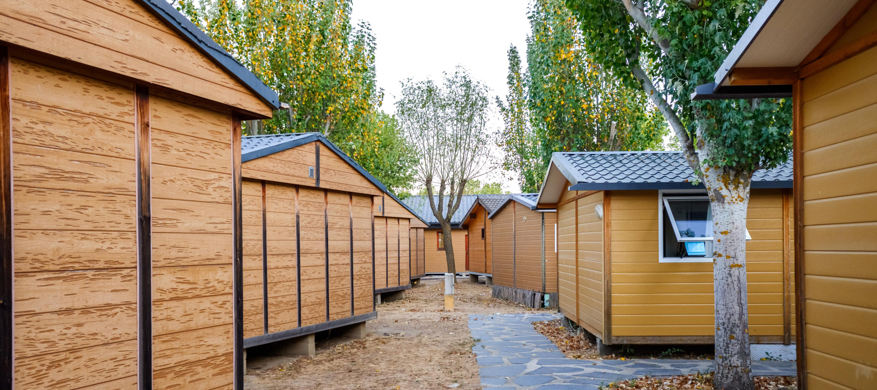 Rustic tiny homes in a row
