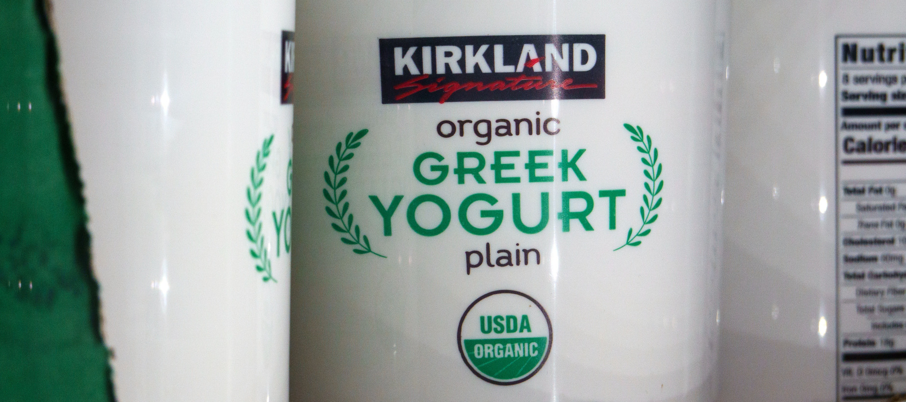 Kirkland Signature Organic Greek Yogurt at a Costco store. Greek yogurt contains three times as much protein as traditional yogurt.