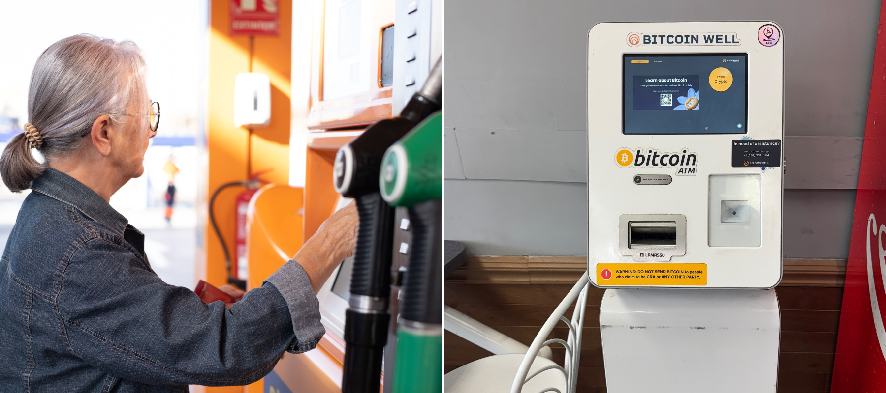 woman gas station and bitcoin machine
