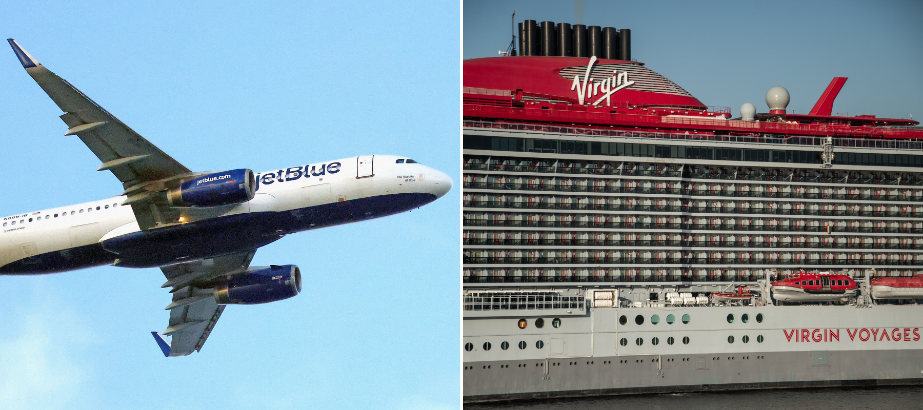 A photo of a JetBlue flight and a Virgin Voyages cruise