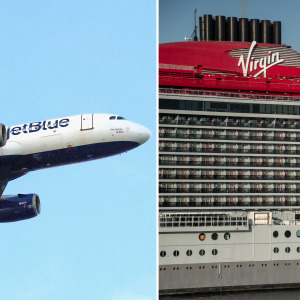 A photo of a JetBlue flight and a Virgin Voyages cruise