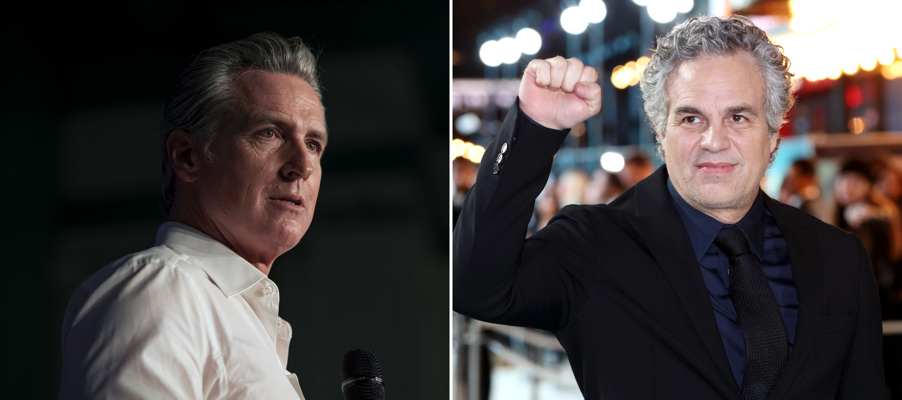 Two panel image of California governor Gavin Newsom (left) and actor Mark Ruffalo (right).
