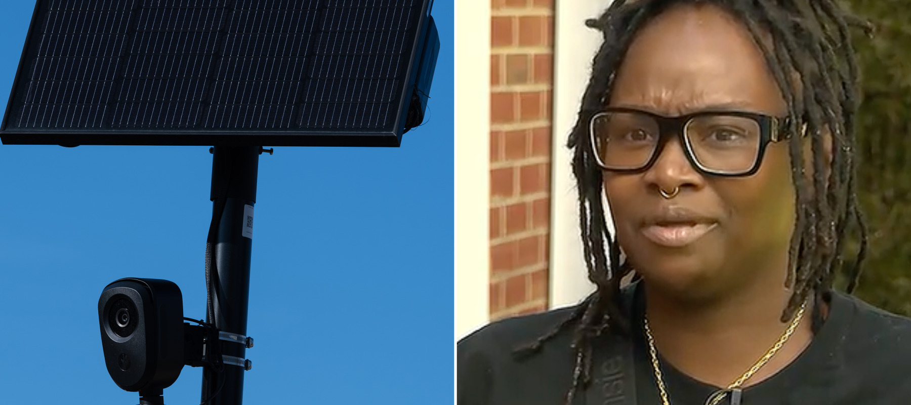 A two-column collage featuring a Flock camera on the left and Richmond resident Rosalyn Crump.