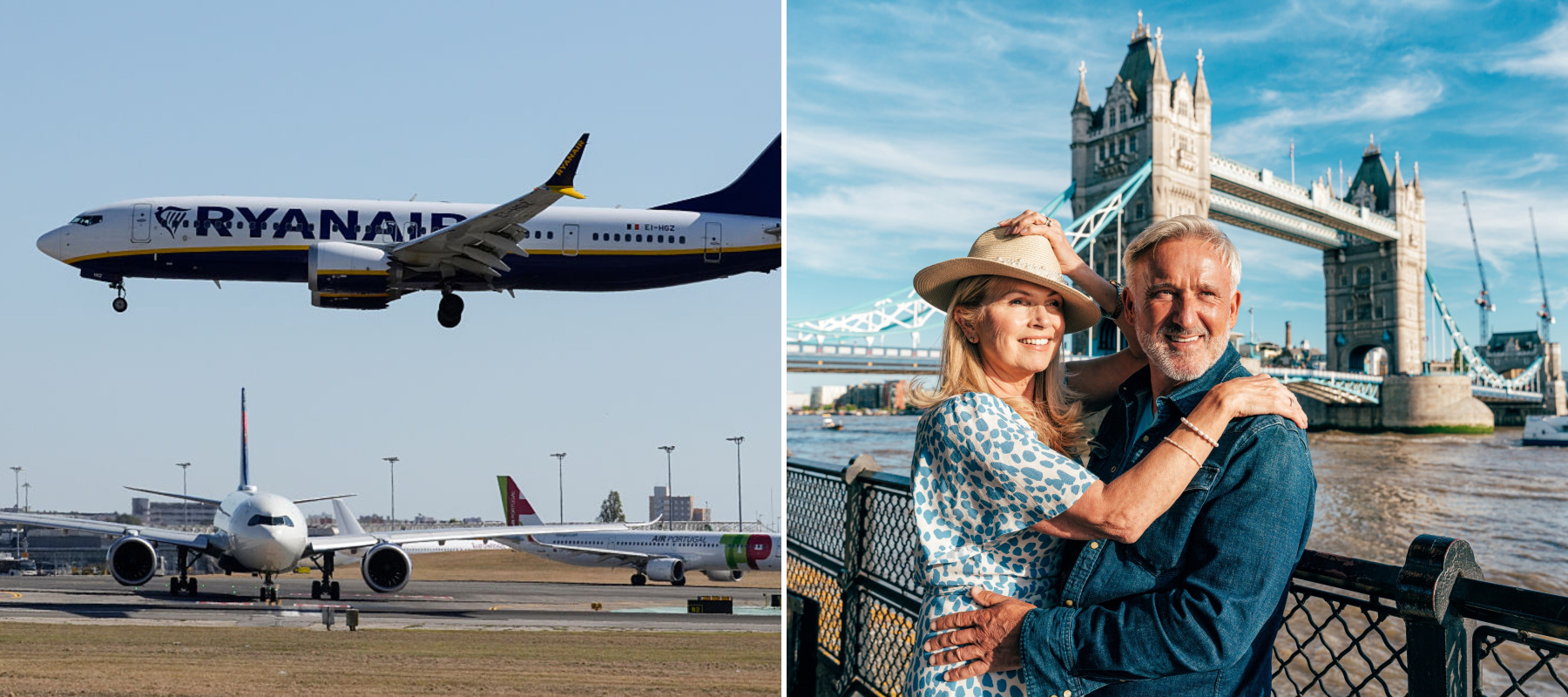 Photo of a Ryanair plane and a couple vacationing in Europe