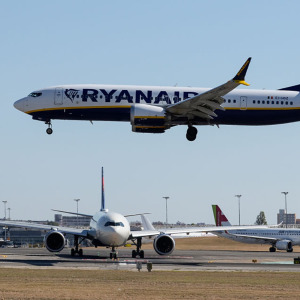 Photo of a Ryanair plane and a couple vacationing in Europe
