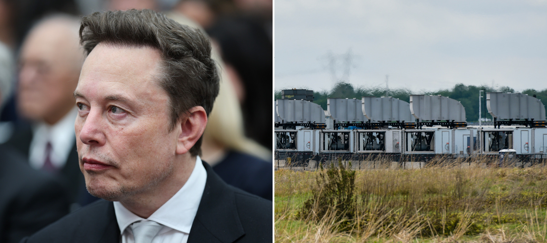 Two-panel image of Elon Musk (left) and gas turbines in Memphis, Tennessee, powering his data center.