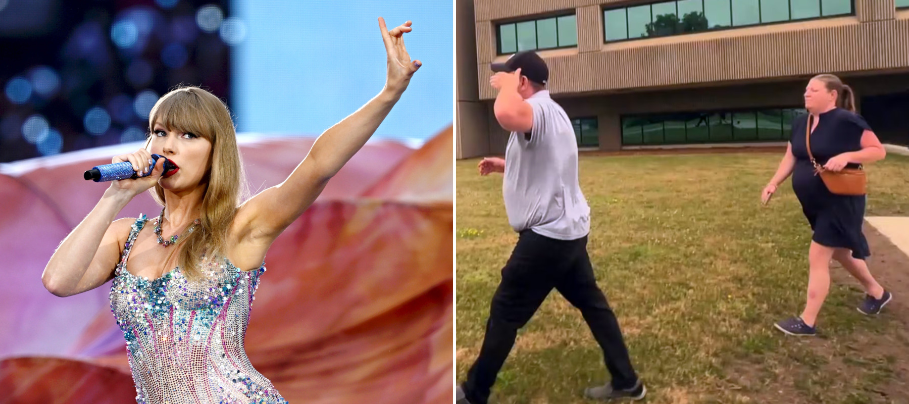 Left: Taylor Swift performing during the Eras Tour Right: Denise Tisor and David Blake leaving the court in July.