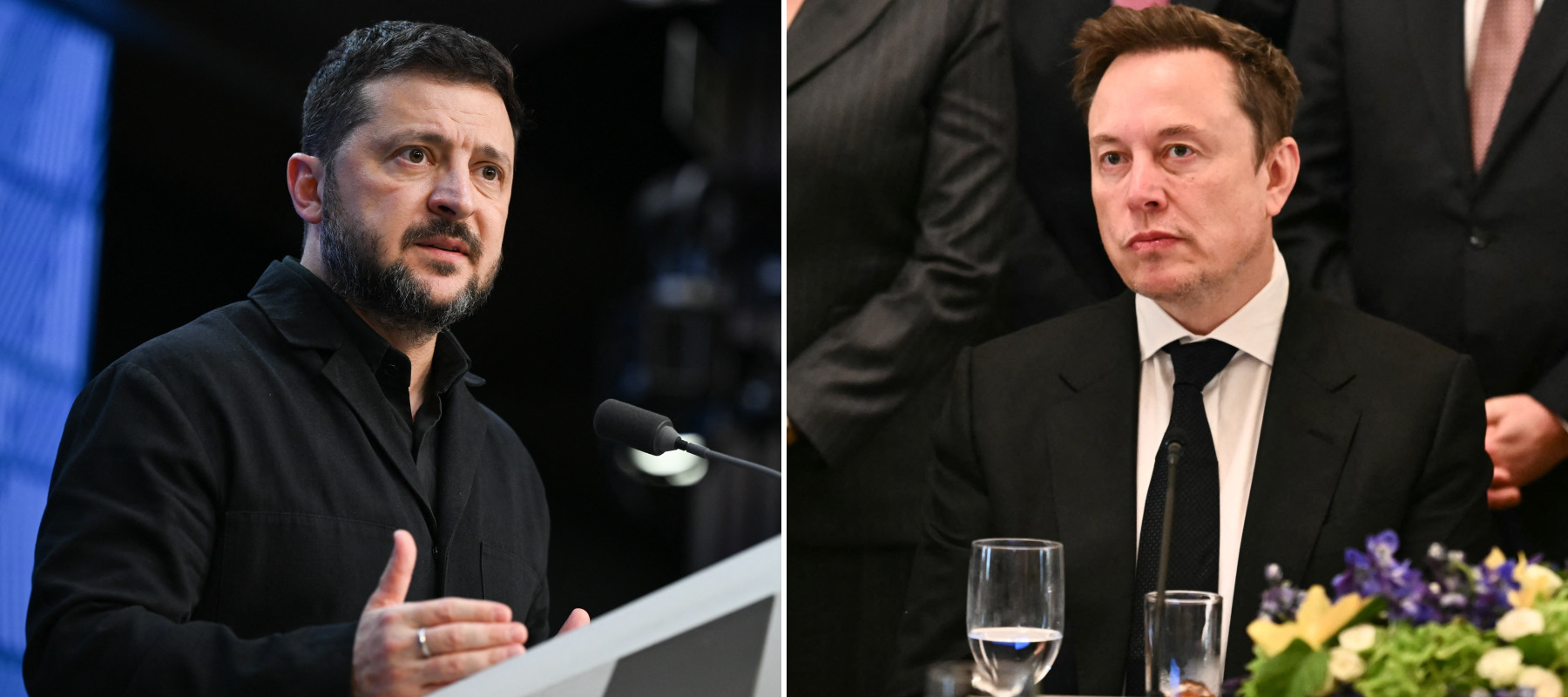 On the left, Ukraine's President Volodymyr Zelensky, and on the right, Elon Musk.