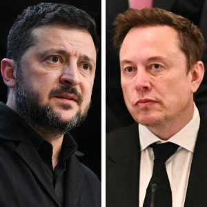 On the left, Ukraine's President Volodymyr Zelensky, and on the right, Elon Musk.