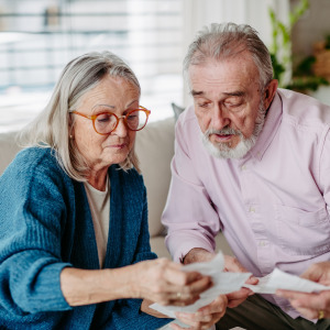 Older couple reviewing papers, serious in thought.