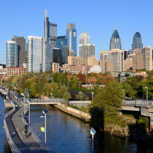 View on the Center City skyline as seen from the South Street Bridge, in Philadelphia, PA.