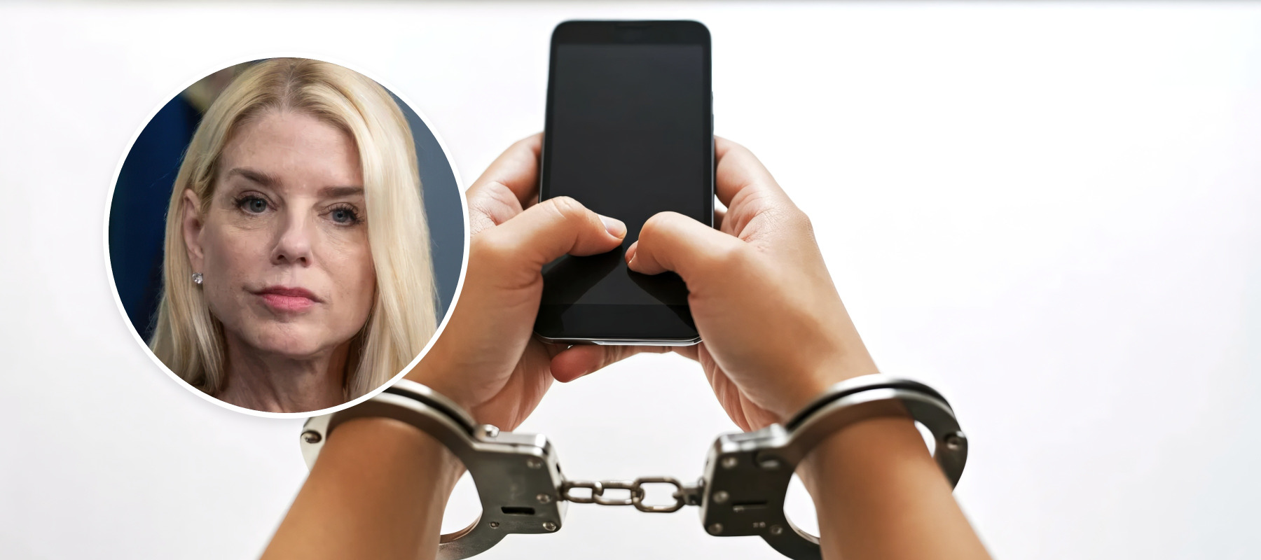 A person in handcuffs holding a cell phone, with a bubble inlay of Pam Bondi
