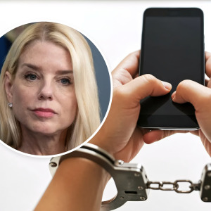 A person in handcuffs holding a cell phone, with a bubble inlay of Pam Bondi