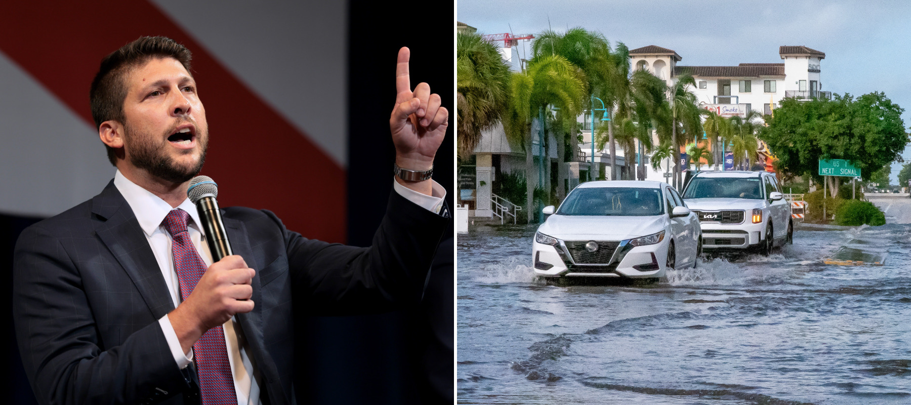 Two-panel image of Florida Attorney General James Uthmeier (left) and cars driving through flooded streets (right).