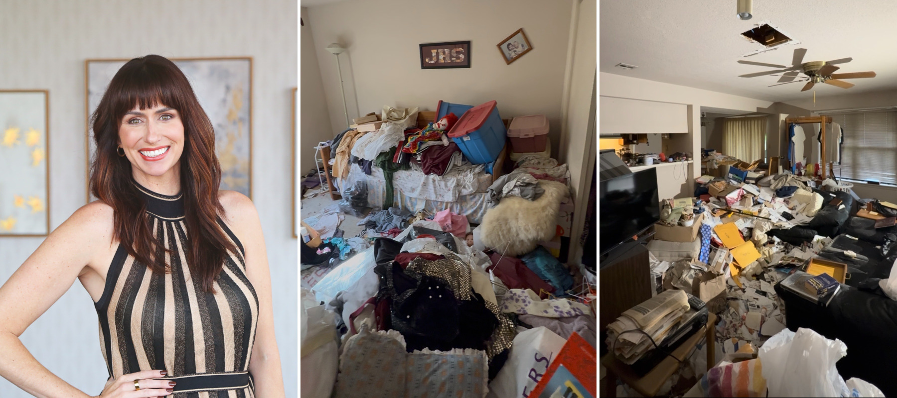 Three-panel image of Madison Lovelle (left) and two images of her dad's hoarder home.