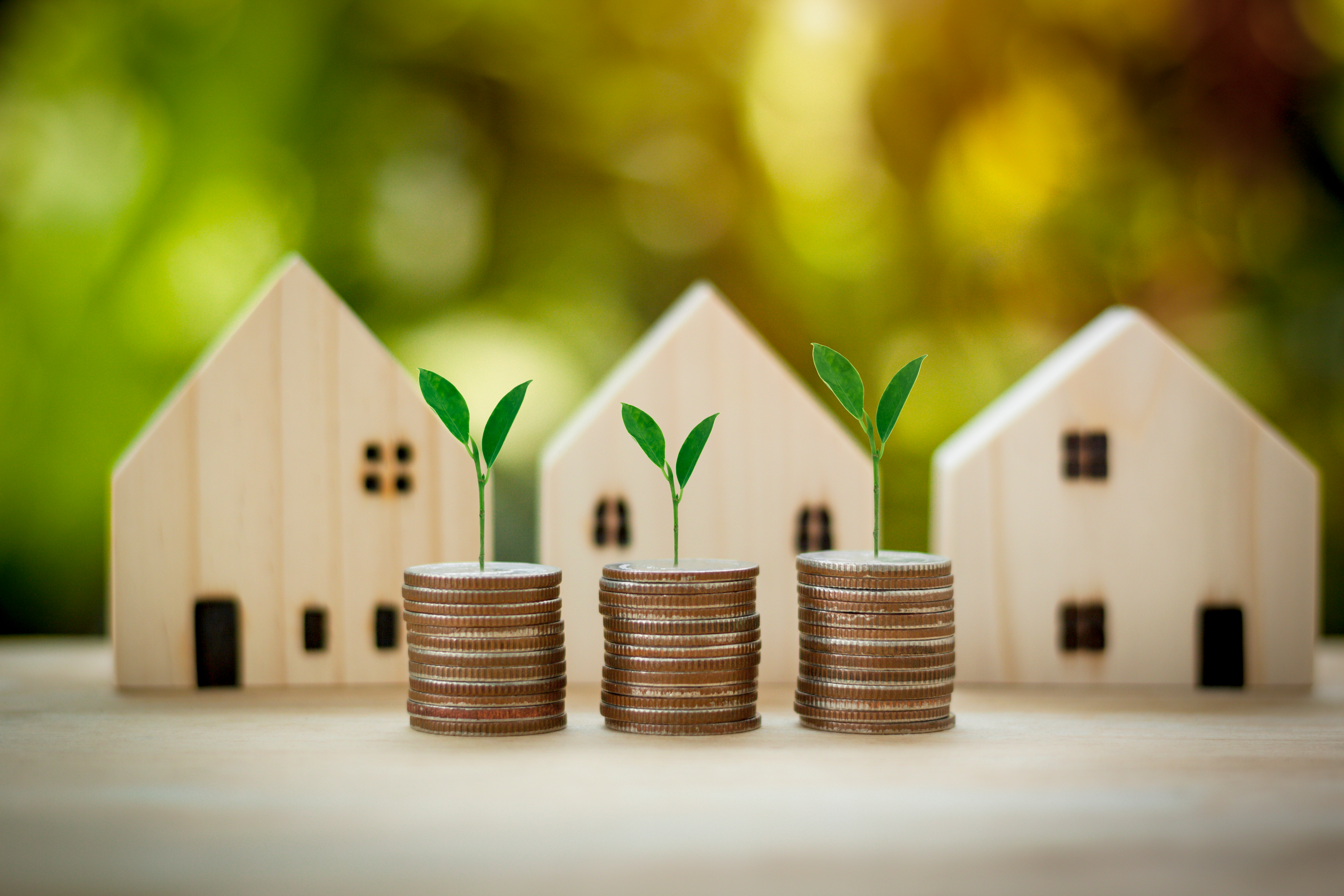 Stacking coins with tree in front of houses model.Saving and investment to buy house concept for the future.plant growing on coins.