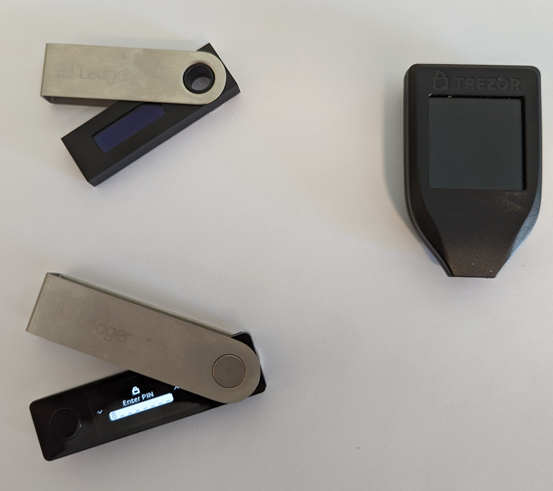 Ledger Nano S (top left), Ledger Nano X (bottom left) and Trezor Model T (right)