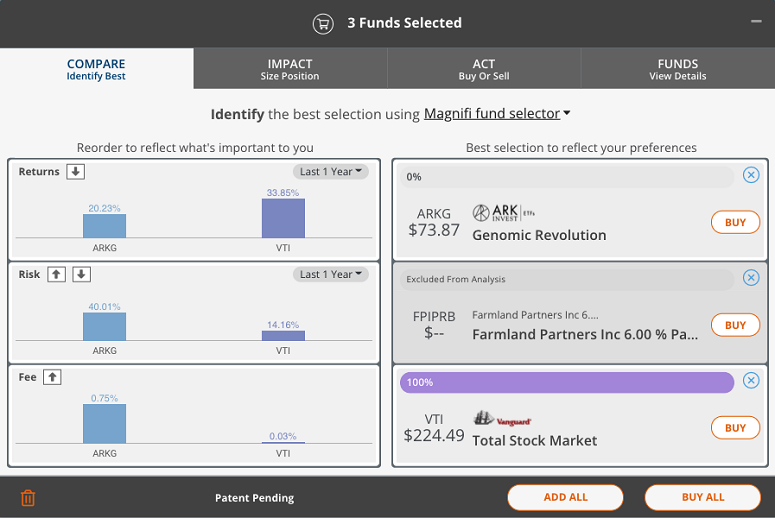 The Selector tool lets you compare and buy investments.