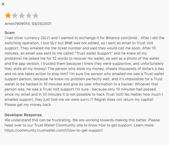 Trust Wallet review on the App Store