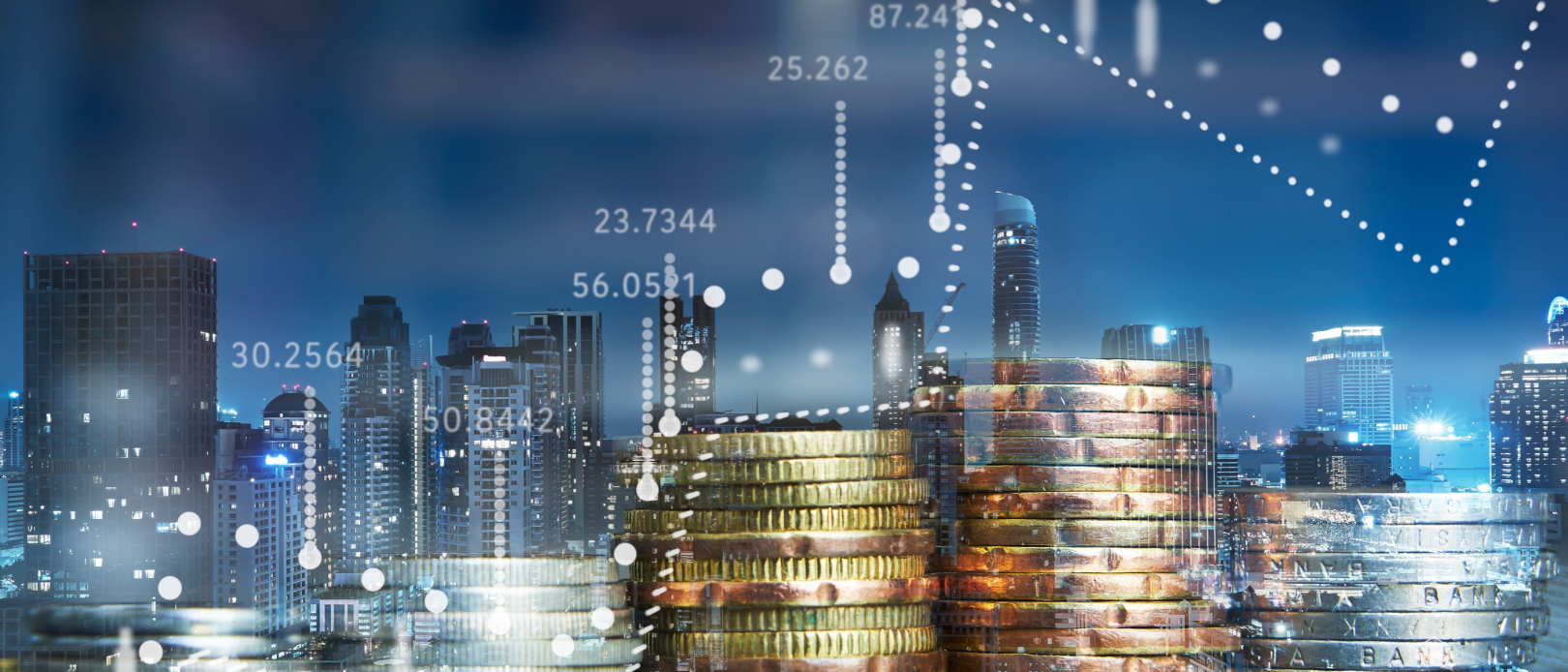 Double exposure of coins stack with graph chart and night cityscape. Economic, business, financial and stock market growth concept.