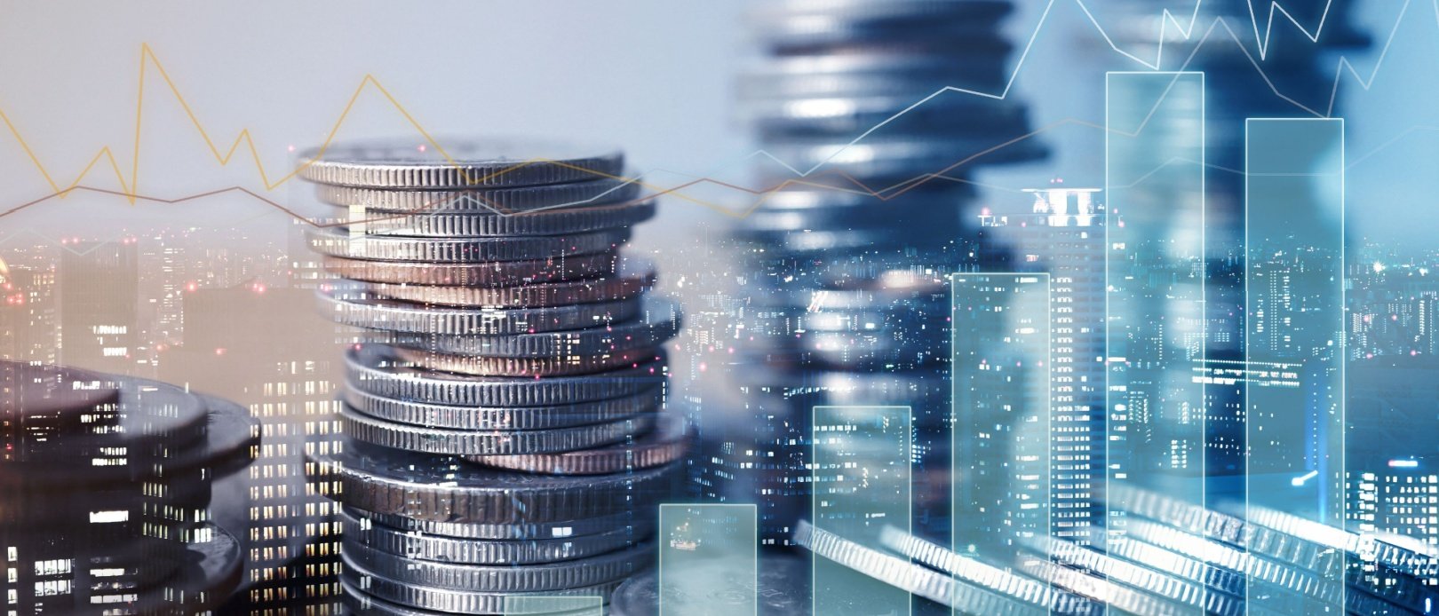 Double exposure of graph and rows of coins for finance and business concept