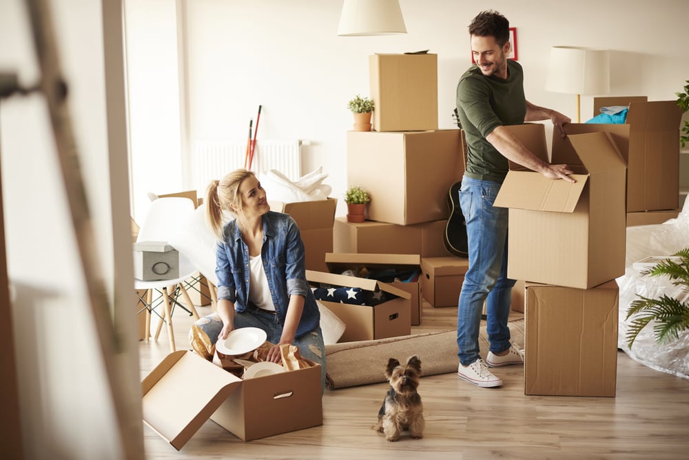 Young couple in new apartment with small dog